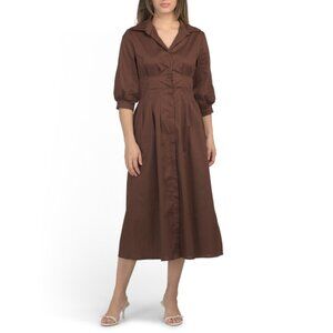 BLUE NAVY Chocolate Made In Italy Three-quarter Sleeve Pleated Waist Maxi Dress